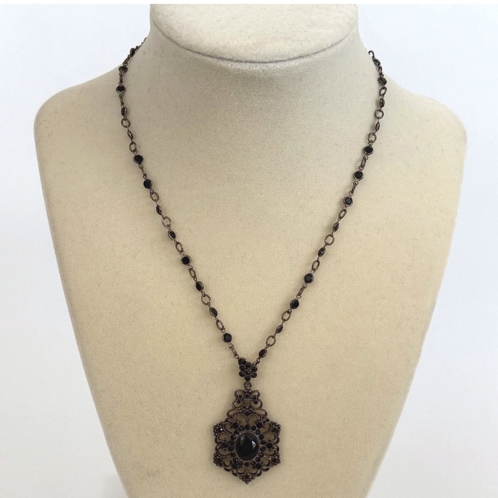 Vintage Black Rhinestone Filigree Pendant Necklace Gothic Victorian Jewelry